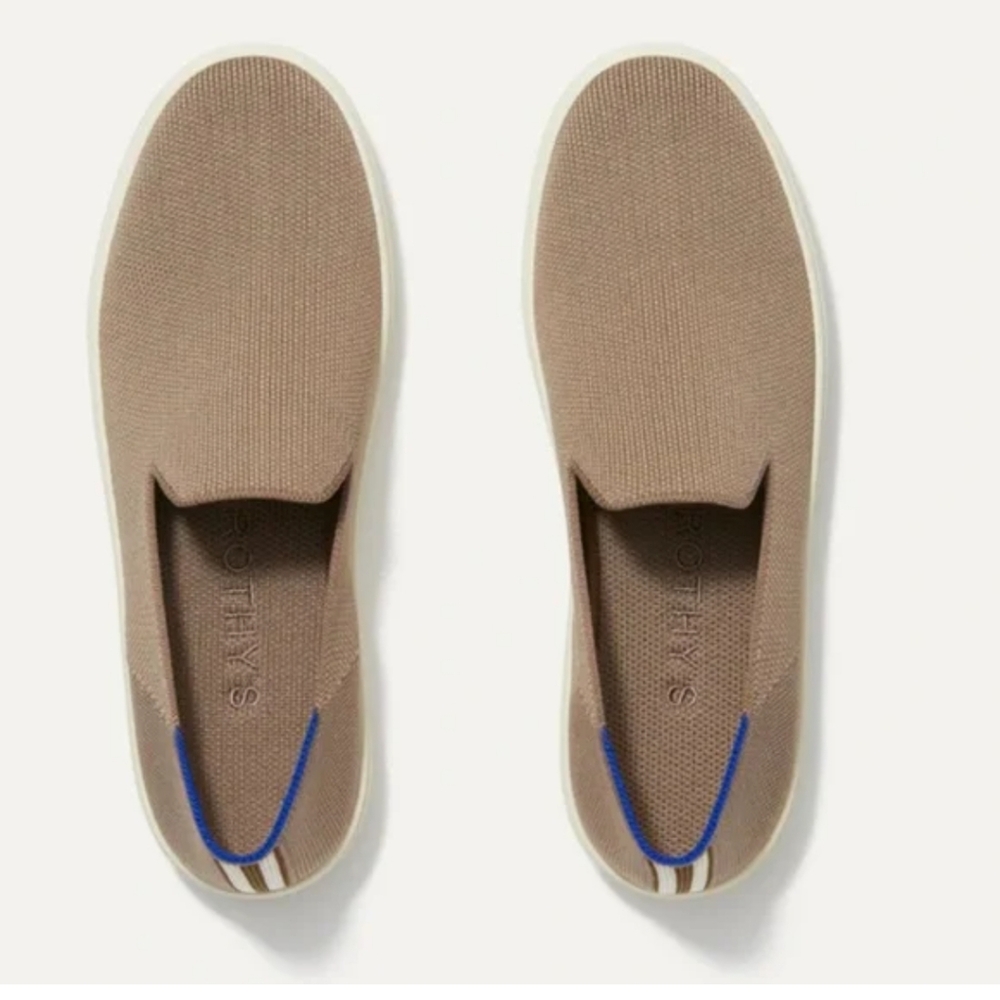 Rothy's Slip-On Sneakers in Taupe with Blue Accent